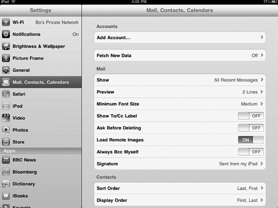 The Mail, Contacts, Calendars settings screen lets you define your email account settings.
