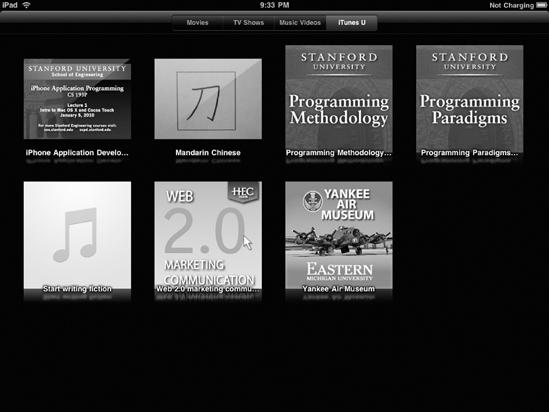The iTunes U button at the top of the Videos screen lets you access your stored iTunes University courses.