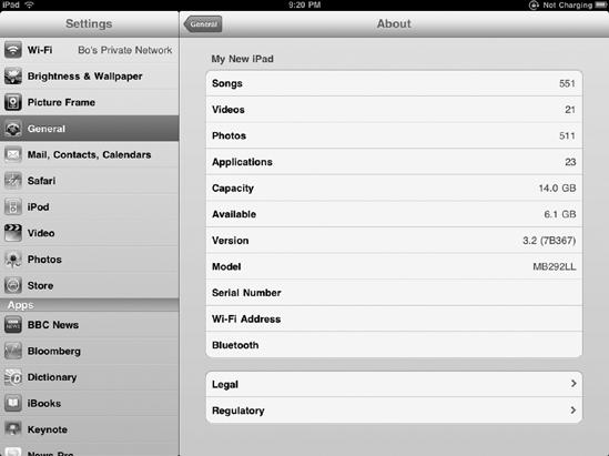 Your iPad's operating system version appears on the About screen.