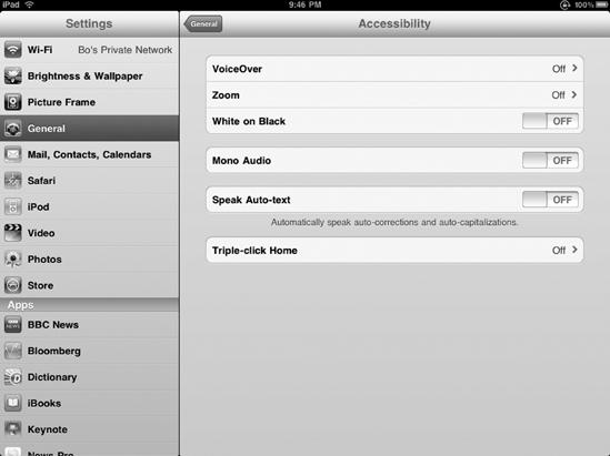 The Accessibility settings screen