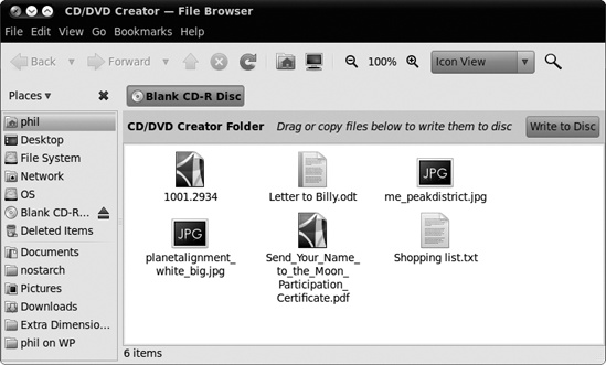 A Nautilus CD/DVD Creator window with files ready to be burned to disc