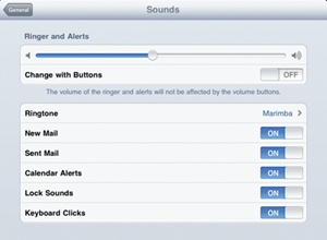 The Sounds settings screen lets you turn auditory keyboard clicks on or off.