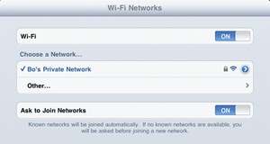 The Wi-Fi Networks settings screen lets you define and choose a Wi-Fi network to use.