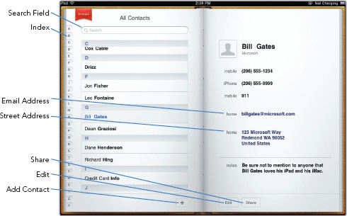 The Contacts app mimics a paper address book.