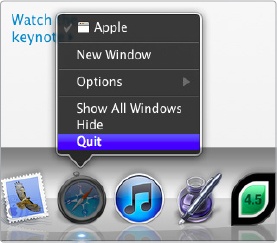 The Quit command appears in the program menu on the Apple menu bar and in the pop-up menu on the Dock.