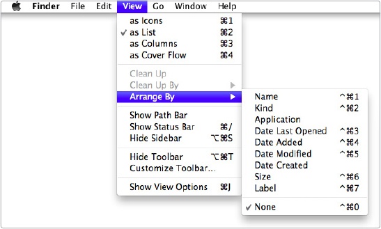 The Arrange By submenu lists different ways to sort files.