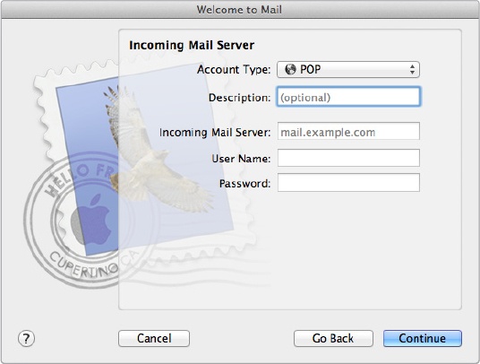 The Incoming Mail Server dialog lets you define the name of the server that delivers your email.