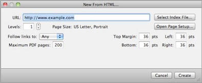 Use this dialog to create a PDF from one or more Web pages.