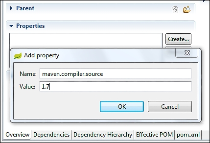 Time for action – adding Java version properties in pom.xml