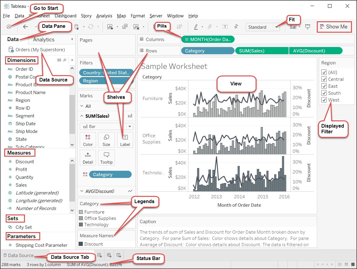 Understanding the Tableau interface and basic terminology