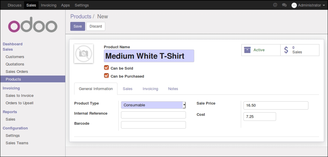 Creating products in Odoo