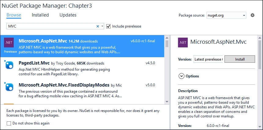 Installing the ASP.NET Core NuGet package in your application