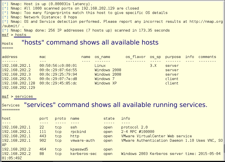 Using the hosts and services commands