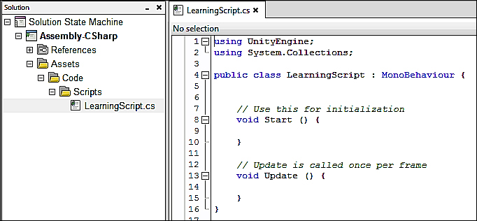 Time for action – opening LearningScript in MonoDevelop