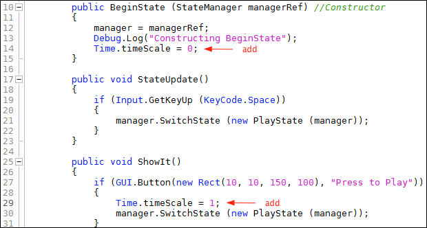 Time for action – adding code to pause the game Scene