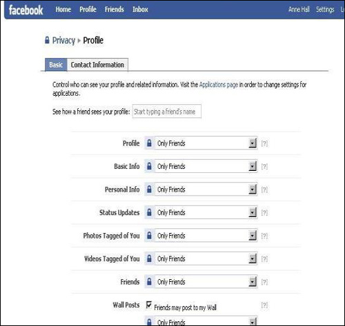 Screenshot showing Facebook default profile setting