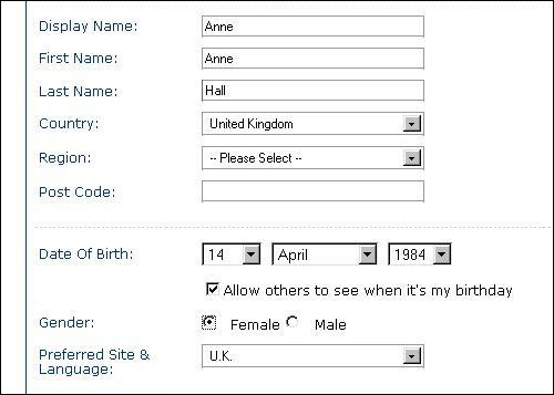 Screenshot showing MySpace default date of birth