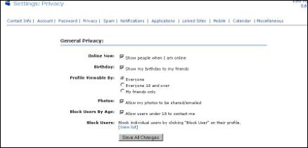 Screenshot showing MySpace default privacy settings