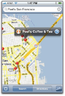 A Maps screen showing the results of a search for Peet's stores in San Francisco (note the text in the Search box at the top of the screen). Each red pin indicates a found location.