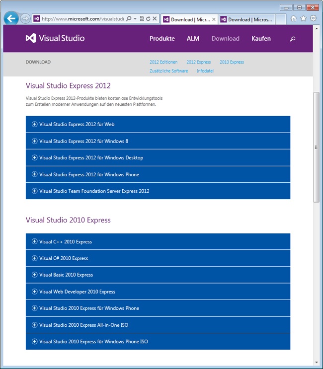 Die Auswahl an Visual Studio Express-Versionen