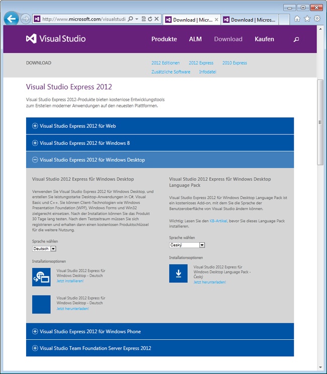 Die gewünschte Version von Visual Studio Express herunterladen