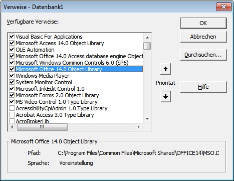 Der Verweis auf die Microsoft Office 14.0 Object Library wird eingerichtet