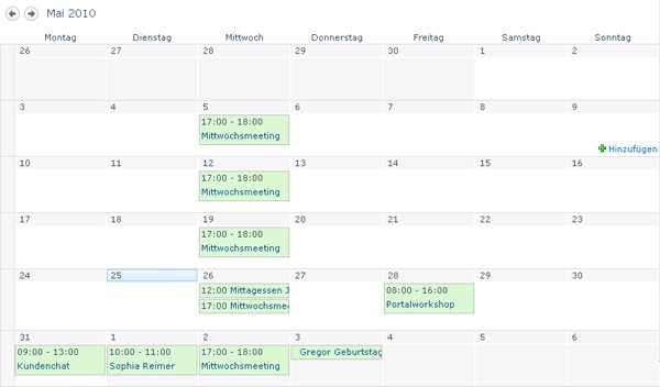 Die Ansicht Kalender zeigt einen Kalender, wie er aus Microsoft Outlook bekannt ist
