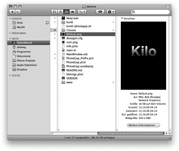 Der angepasste Startbildschirm zeigt »Kilo« als grauen Text auf schwarzem Grund.