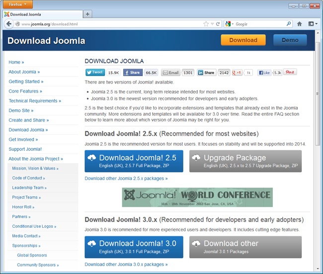 Die Download-Seite mit den aktuellen Joomla!-Paketen. Hier bekommt man auch ein sogenanntes Upgrade Package, das ältere Versionen auf den aktuellen Entwicklungsstand hebt.