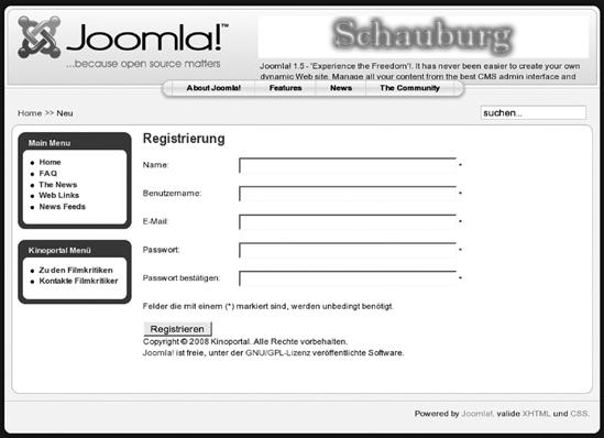 Über den Link »Registrieren« des »Login Forms« gelangen die Besucher der Homepage auf ein Formular, über das sie ein eigenes Benutzerkonto anfordern können.