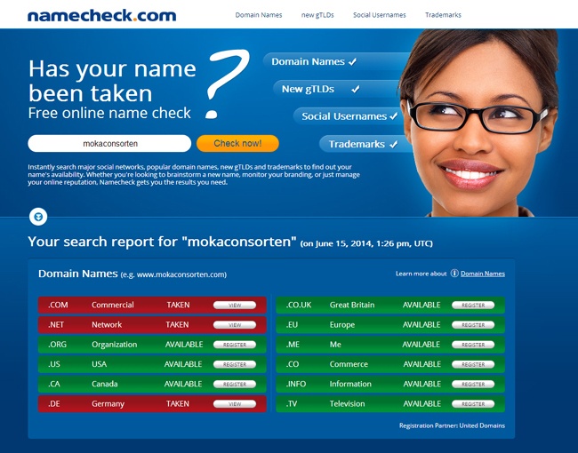 Namensrecherche bei namecheck.com, www.namecheck.com (Juni 2014)